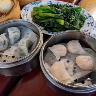Chinese Broccoli w/ Oyster Sauce ($6.15), Shrimp Green Chive Dumpling ($3.95), Shrimp Dumpling ($4.45).