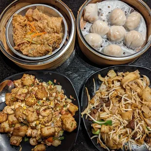 Bean curd roll, har gow, Singapore style fried turnip cake, beef chow fun