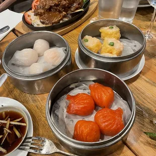 Shrimp shu mai, spicy shrimp dumplings and regular shrimp dumplings