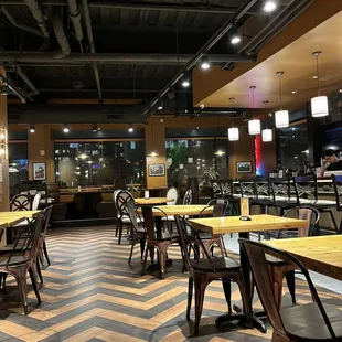 tables and chairs in a restaurant