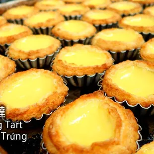 a tray of baked egg tarts
