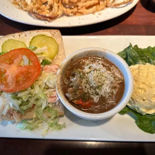 Turkey G poboy combo with seafood gumbo and potato salad. All great tasting.