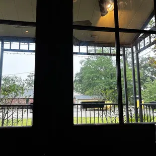 a view of a patio through a window