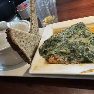 Chicken Florentine. He liked it. Low Carb option with grilled chicken, broccoli--omit the bread.