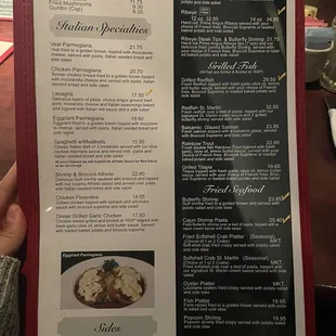 Dinner menu--italian, steak, grilled fish, fried seafood