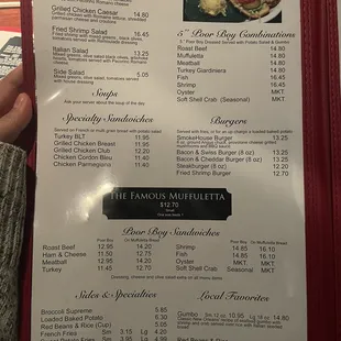 Menu--salads, sandwiches, poboy, burgers