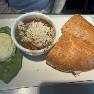 Muffuletta, gumbo, potato salad combo