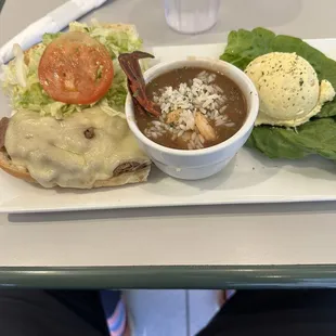 Small Roast Beef Sandwich, seafood gumbo, potato salad