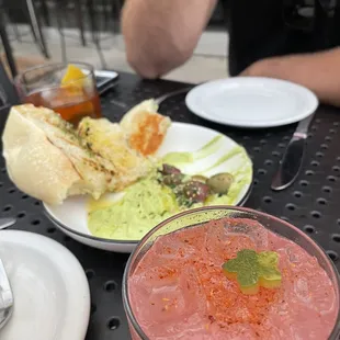 Watermelon drink and hummus