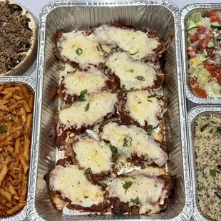 Catering Chicken Parmigiana, Toffee Cheesecake, House Salad, DiMisa Penne Marinara and Cold Pasta Italian Salad