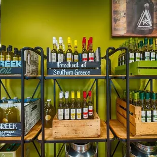 shelves of olive oil in a store