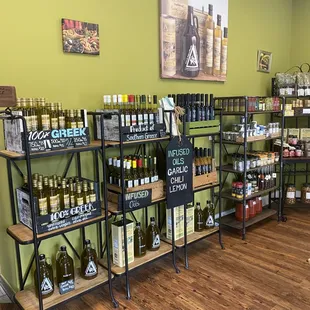 shelves of olive oil in a store
