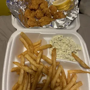 $16 for 10 shrimps, fries and tartar sauce. I didn&apos;t want the cole slaw.