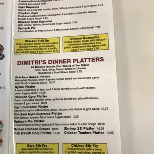 Menu specialty sandwiches and platters