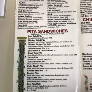 Menu sandwiches and pita