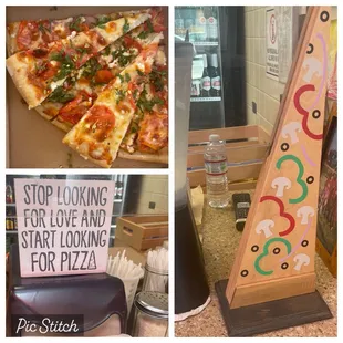 Tomato, feta, mozzarella, &amp; red onion slices. Love the decorations &amp; good advice (bottom left)!