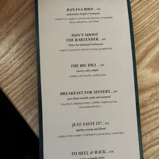 Cocktail menu