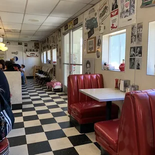 diner booths and checkered floor