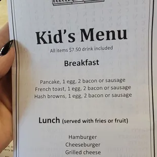 Kids menu
