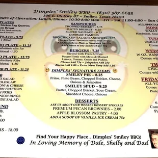 a menu for a dimple bbq