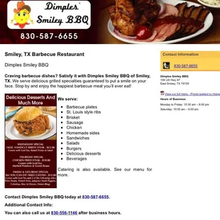 the menu for dimples smiley bbq