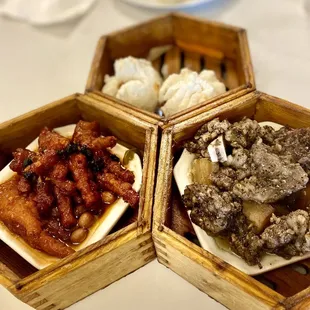 Chicken Feets in Black Bean Sauce, Steamed BBQ Pork Bun, Short Ribs w. Black Pepper