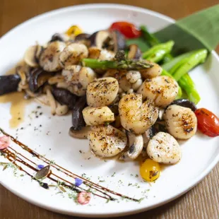 a plate of mushrooms and asparagus