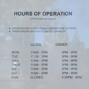 Business hours as of 10/10/21