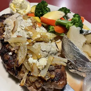 Blue Cheese Topped NY Strip (specials board). Indulgence.