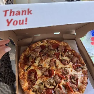 Medium 12" Pizza with Pepperoni, Mushroom and Sausage.