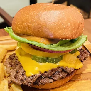 a cheeseburger and french fries