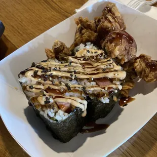 Sampler basket. Spam musubi and fried chicken bites. Yum!