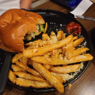 Burger and garlic fries