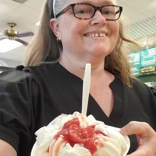 My strawberry shortcake (Sara Lee poundcake covered in soft serve, whipped cream, and strawberries)