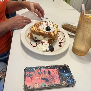 Huge omelettes and cream cheese French toast.