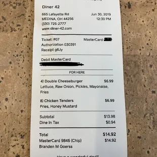 Receipt, cheap food.