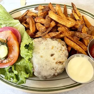 a plate of food with a burger and fries
