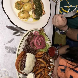 Burger and swordfish. Size comparison but also both were great