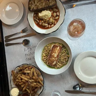 mussels, halibut, fries
