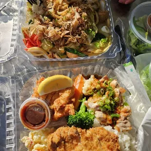 yaki udon comes with salad (top)...3 item bento with tonkatsu, chicken katsu and teriyaki chicken...rice, potato salad and salad included...