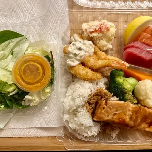 Salmon teriyaki, shrimp tempura, three kinds of sashimi, rice and salad. So awesome, (Dec 2022)