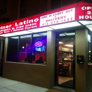 the entrance to a restaurant