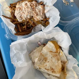 Crabby fries ($12) and loaded crab quesadilla ($12)