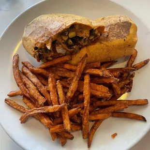 Santa Fe chicken wrap with sweet potato fries