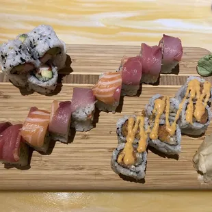 Left to right: California Roll, Tricolor Roll, Spicy Tuna Roll