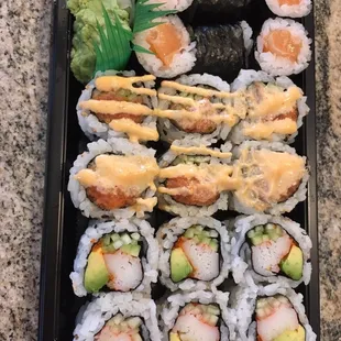 Combo w/ California, spicy tuna, and salmon rolls