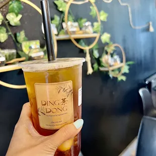 Lychee Black Tea w/ brown Crystal boba