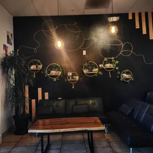 Cute seating area with info on teas