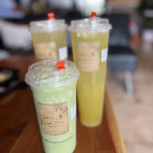 Matcha Smoothie and two large 1/2 Coconut, 1/2 Sugarcane, made with fresh coconut juice and freshly juiced sugarcane. (So refreshing!)