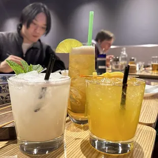 Lychee Yogurt cocktail (left), Mango Tea cocktail (right), and Johnnie Walker Green tea (back)